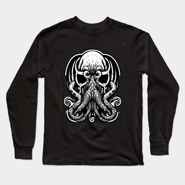 Black and White Cthulhu Art Long Sleeve T-Shirt by Gelo Kavon